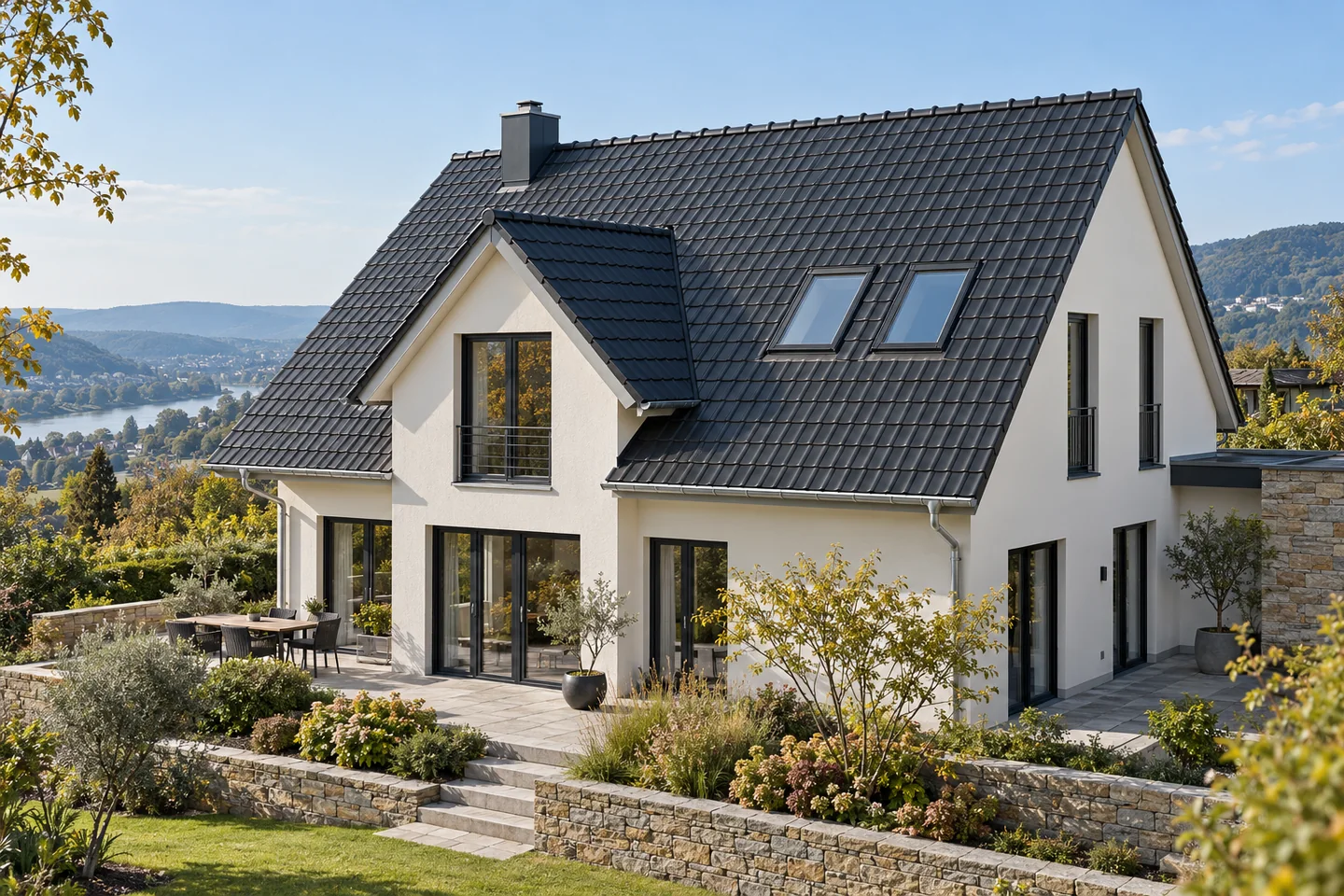 Modernisiertes Einfamilienhaus mit dunkelgrauem Ziegeldach und Dachfenstern (KI-generiertes Symbolbild)