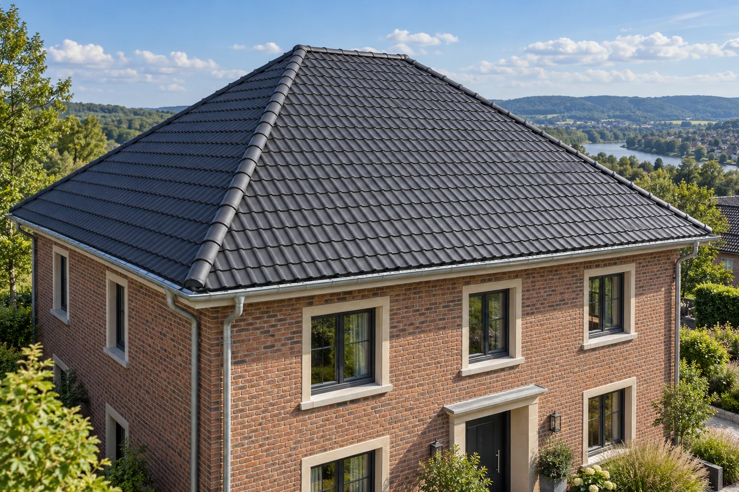 Illustratives Klinkerhaus mit dunkelgrauer Neueindeckung und Zinkrinne (KI-generiertes Symbolbild)