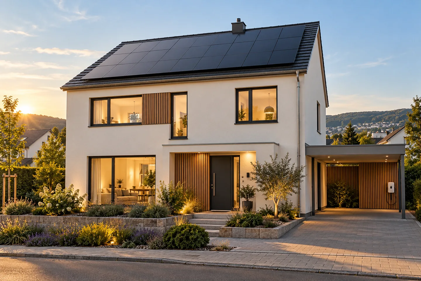 Fiktives Einfamilienhaus mit Photovoltaik und Wallbox (KI-generiertes Symbolbild)
